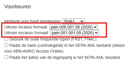 SEPA uitvoerformaten aanpassen